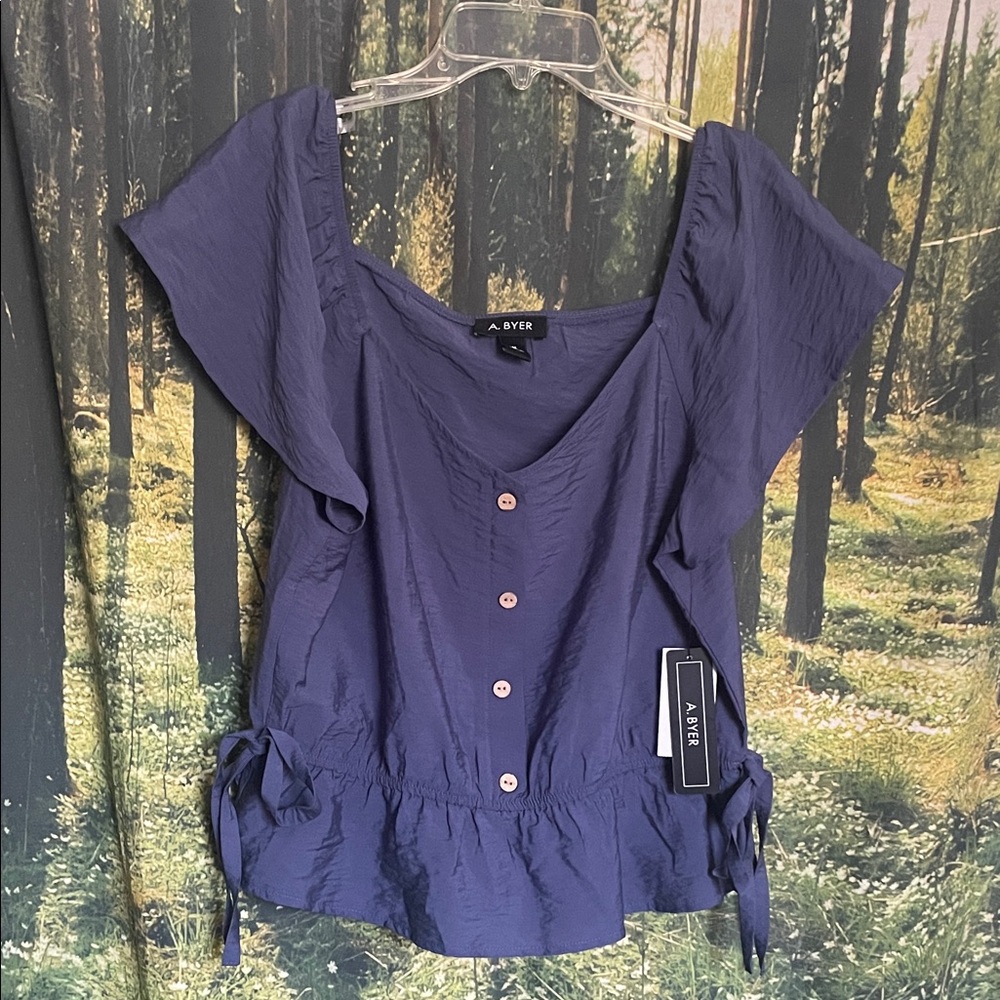 A. Byer Women's Blue Button-Front Blouse